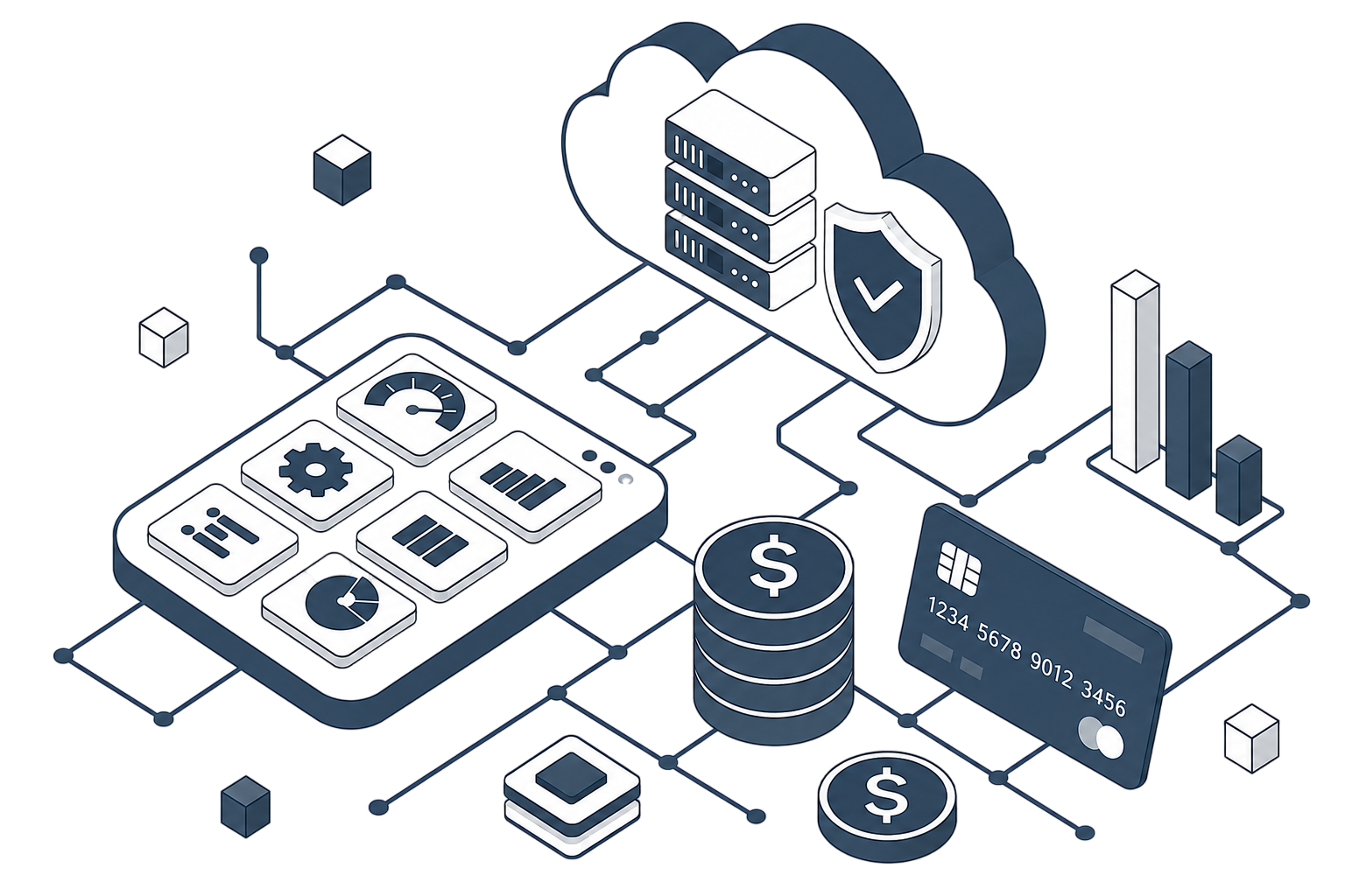 Cloud, data, and finance illustration for school pricing